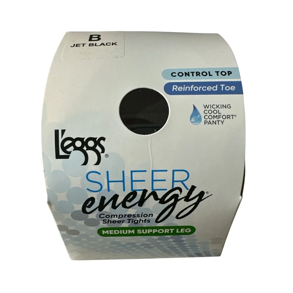L'eggs Sheer Energy Tights 2 pk Women Sz B Jet Black Compression Control Top New